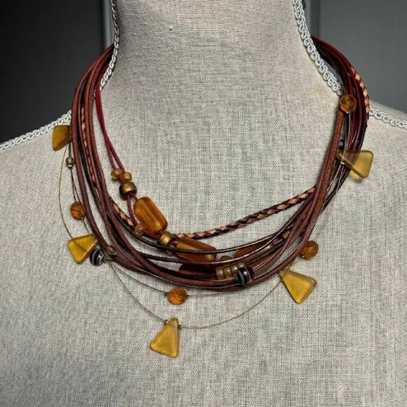 🌟 VINTAGE Unique Women's Leather and Light Amber Stones Necklace and Bracelet S - Picture 8 of 11